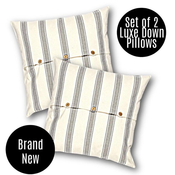 NEW SET OF 2 TWO Grey Striped Cottagecore Country Farmhouse House Throw Pillows - Picture 3 of 9